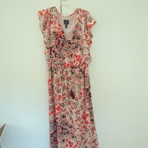 Adrianna Papell Floral Maxi Dress in Red and Cream Size 12 Ruffle Cap Sleeve